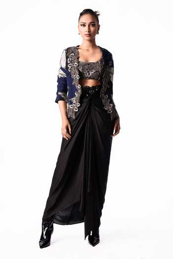 Nupur Kanoi Slit Blazer With Front Knot Skirt Set