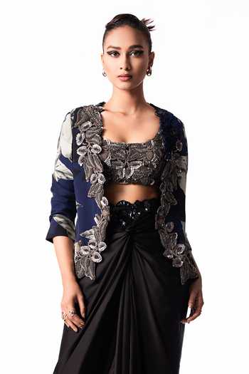 Nupur Kanoi Blue Crepe, Lycra, Satin Square Neck Slit Blazer With Front Knot Skirt Set Online at Aza Fashions Nupur Kanoi_Blue Crepe, Lycra, Satin Square Neck Slit Blazer With Front Knot Skirt Set _Online_at_Aza_Fashions