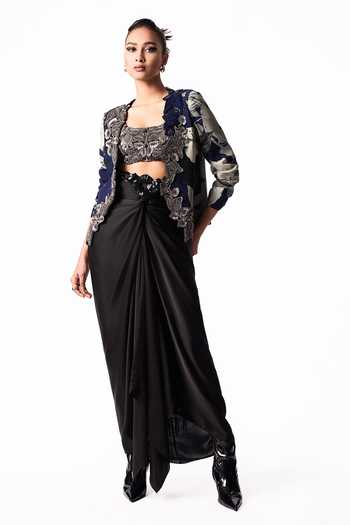 Buy Nupur Kanoi Blue Crepe, Lycra, Satin Square Neck Slit Blazer With Front Knot Skirt Set Online at Aza Fashions Buy_Nupur Kanoi_Blue Crepe, Lycra, Satin Square Neck Slit Blazer With Front Knot Skirt Set _Online_at_Aza_Fashions