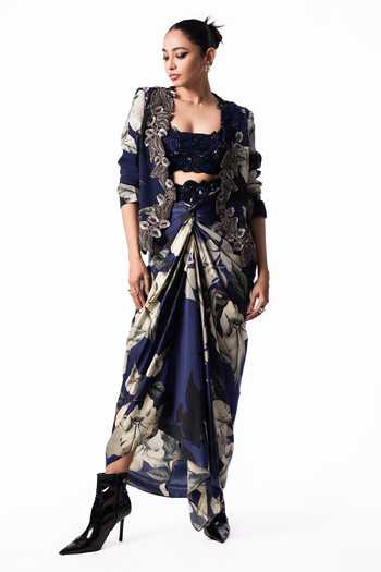 Nupur Kanoi Blue Crepe, Lycra, Satin Open Neck, Square Slit Blazer With Front Knot Skirt Set Online at Aza Fashions Nupur Kanoi_Blue Crepe, Lycra, Satin Open Neck, Square Slit Blazer With Front Knot Skirt Set _Online_at_Aza_Fashions