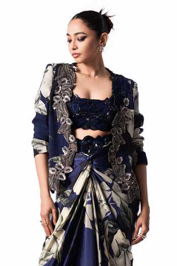 Buy Nupur Kanoi Blue Crepe, Lycra, Satin Open Neck, Square Slit Blazer With Front Knot Skirt Set Online at Aza Fashions Buy_Nupur Kanoi_Blue Crepe, Lycra, Satin Open Neck, Square Slit Blazer With Front Knot Skirt Set _Online_at_Aza_Fashions