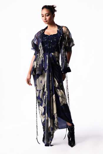 Nupur Kanoi Organza Peplum Jacket With Draped Dress 