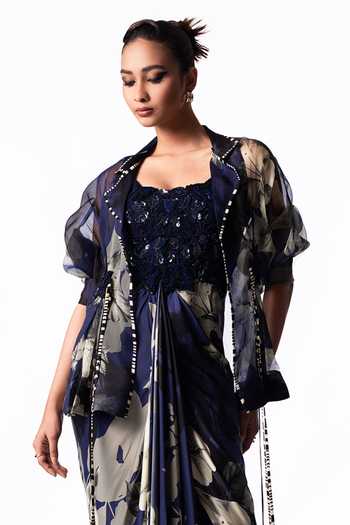 Nupur Kanoi Blue Organza, Crepe, Satin, Lycra Open Neck, Peplum Jacket With Draped Dress Online at Aza Fashions Nupur Kanoi_Blue Organza, Crepe, Satin, Lycra Open Neck, Peplum Jacket With Draped Dress _Online_at_Aza_Fashions