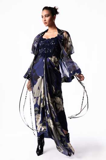Buy Nupur Kanoi Blue Organza, Crepe, Satin, Lycra Open Neck, Peplum Jacket With Draped Dress Online at Aza Fashions Buy_Nupur Kanoi_Blue Organza, Crepe, Satin, Lycra Open Neck, Peplum Jacket With Draped Dress _Online_at_Aza_Fashions