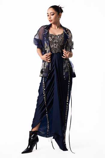 Nupur Kanoi Blue Organza, Crepe, Satin, Lycra Open Neck, Peplum Jacket With Draped Dress Online at Aza Fashions Nupur Kanoi_Blue Organza, Crepe, Satin, Lycra Open Neck, Peplum Jacket With Draped Dress _Online_at_Aza_Fashions