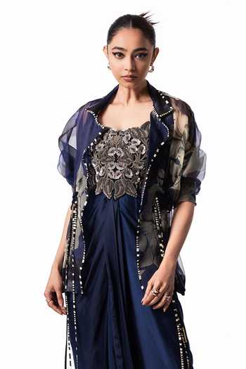 Buy Nupur Kanoi Blue Organza, Crepe, Satin, Lycra Open Neck, Peplum Jacket With Draped Dress Online at Aza Fashions Buy_Nupur Kanoi_Blue Organza, Crepe, Satin, Lycra Open Neck, Peplum Jacket With Draped Dress _Online_at_Aza_Fashions