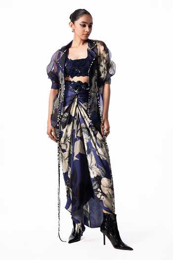 Nupur Kanoi Organza Peplum Jacket With Front Knot Skirt Set
