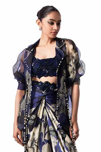 Nupur Kanoi Blue Organza, Crepe, Lycra, Satin Open Peplum Jacket With Front Knot Skirt Set Online at Aza Fashions Nupur Kanoi_Blue Organza, Crepe, Lycra, Satin Open Peplum Jacket With Front Knot Skirt Set _Online_at_Aza_Fashions
