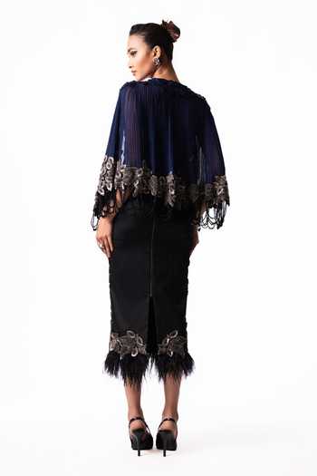 Nupur Kanoi Short Cape With Feather Pencil Skirt Set
