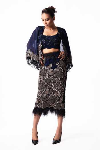 Nupur Kanoi Short Cape With Feather Pencil Skirt Set