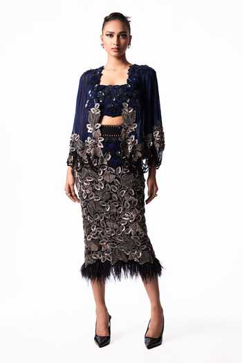 Nupur Kanoi Blue Crepe, Chiffon, Lycra Square Neck Short Cape With Feather Pencil Skirt Set Online at Aza Fashions Nupur Kanoi_Blue Crepe, Chiffon, Lycra Square Neck Short Cape With Feather Pencil Skirt Set _Online_at_Aza_Fashions