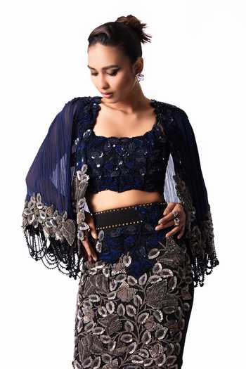 Shop Nupur Kanoi Blue Crepe, Chiffon, Lycra Square Neck Short Cape With Feather Pencil Skirt Set Online at Aza Fashions Shop_Nupur Kanoi_Blue Crepe, Chiffon, Lycra Square Neck Short Cape With Feather Pencil Skirt Set _Online_at_Aza_Fashions