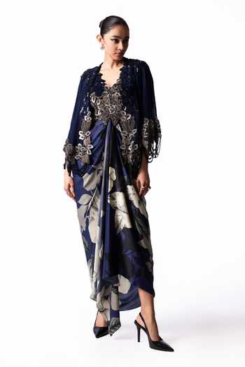 Nupur Kanoi Short Cape With Draped Printed Bustier Dress