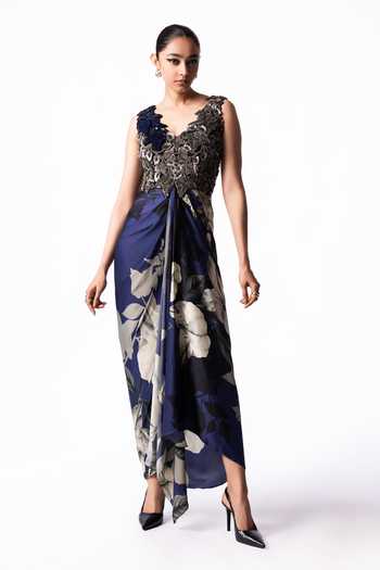 Nupur Kanoi Blue Crepe, Chiffon, Satin, Lycra Short Cape With Draped Printed Bustier Dress Online at Aza Fashions Nupur Kanoi_Blue Crepe, Chiffon, Satin, Lycra Short Cape With Draped Printed Bustier Dress _Online_at_Aza_Fashions