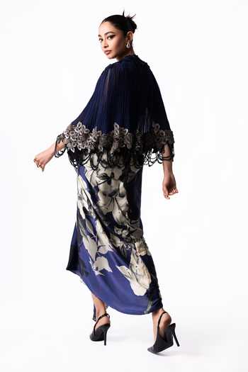 Buy Nupur Kanoi Blue Crepe, Chiffon, Satin, Lycra Short Cape With Draped Printed Bustier Dress Online at Aza Fashions Buy_Nupur Kanoi_Blue Crepe, Chiffon, Satin, Lycra Short Cape With Draped Printed Bustier Dress _Online_at_Aza_Fashions