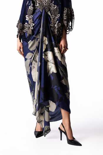 Shop Nupur Kanoi Blue Crepe, Chiffon, Satin, Lycra Short Cape With Draped Printed Bustier Dress Online at Aza Fashions Shop_Nupur Kanoi_Blue Crepe, Chiffon, Satin, Lycra Short Cape With Draped Printed Bustier Dress _Online_at_Aza_Fashions