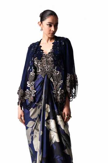 Nupur Kanoi Blue Crepe, Chiffon, Satin, Lycra Short Cape With Draped Printed Bustier Dress at Aza Fashions Nupur Kanoi_Blue Crepe, Chiffon, Satin, Lycra Short Cape With Draped Printed Bustier Dress _at_Aza_Fashions
