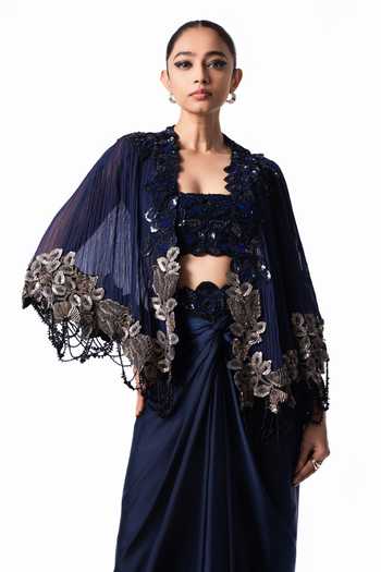 Buy Nupur Kanoi Blue Crepe, Chiffon, Lycra, Satin Open Short Cape With Front Knot Skirt Set Online at Aza Fashions Buy_Nupur Kanoi_Blue Crepe, Chiffon, Lycra, Satin Open Short Cape With Front Knot Skirt Set _Online_at_Aza_Fashions