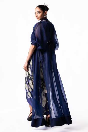 Nupur Kanoi Organza Long Jacket With Draped Printed Dress