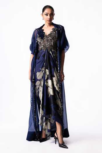 Nupur Kanoi Organza Long Jacket With Draped Printed Dress