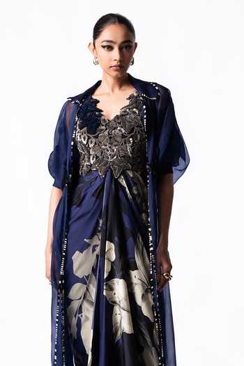 Nupur Kanoi Blue Organza, Crepe, Satin, Lycra Open Long Jacket With Draped Printed Dress Online at Aza Fashions Nupur Kanoi_Blue Organza, Crepe, Satin, Lycra Open Long Jacket With Draped Printed Dress _Online_at_Aza_Fashions