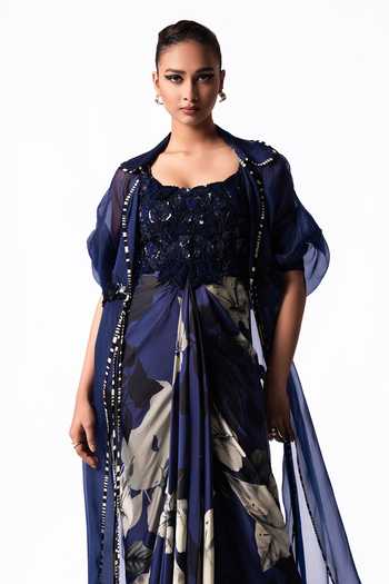 Nupur Kanoi Blue Organza, Crepe, Satin, Lycra Shawl Long Jacket With Draped Printed Dress Online at Aza Fashions Nupur Kanoi_Blue Organza, Crepe, Satin, Lycra Shawl Long Jacket With Draped Printed Dress _Online_at_Aza_Fashions
