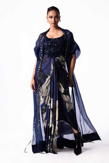Nupur Kanoi Organza Long Jacket With Draped Printed Dress