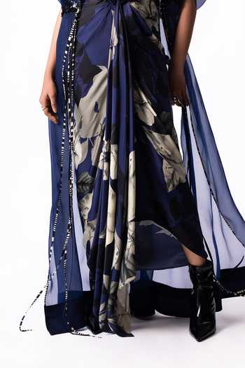 Buy Nupur Kanoi Blue Organza, Crepe, Satin, Lycra Shawl Long Jacket With Draped Printed Dress Online at Aza Fashions Buy_Nupur Kanoi_Blue Organza, Crepe, Satin, Lycra Shawl Long Jacket With Draped Printed Dress _Online_at_Aza_Fashions