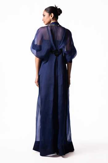 Shop Nupur Kanoi Blue Organza, Crepe, Satin, Lycra Collared Long Jacket With Draped Bustier Dress at Aza Fashions Shop_Nupur Kanoi_Blue Organza, Crepe, Satin, Lycra Collared Long Jacket With Draped Bustier Dress _at_Aza_Fashions