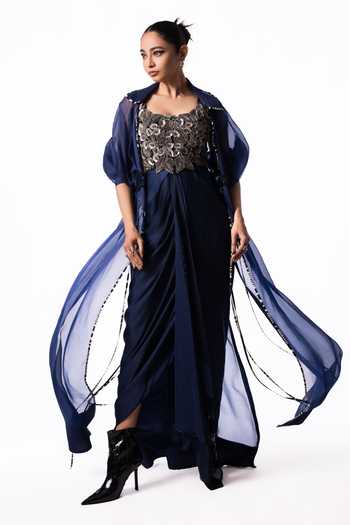 Buy Nupur Kanoi Blue Organza, Crepe, Satin, Lycra Collared Long Jacket With Draped Bustier Dress Online at Aza Fashions Buy_Nupur Kanoi_Blue Organza, Crepe, Satin, Lycra Collared Long Jacket With Draped Bustier Dress _Online_at_Aza_Fashions