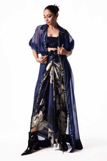 Nupur Kanoi Blue Organza, Crepe, Lycra, Satin Long Jacket With Front Knot Skirt Set Online at Aza Fashions Nupur Kanoi_Blue Organza, Crepe, Lycra, Satin Long Jacket With Front Knot Skirt Set _Online_at_Aza_Fashions