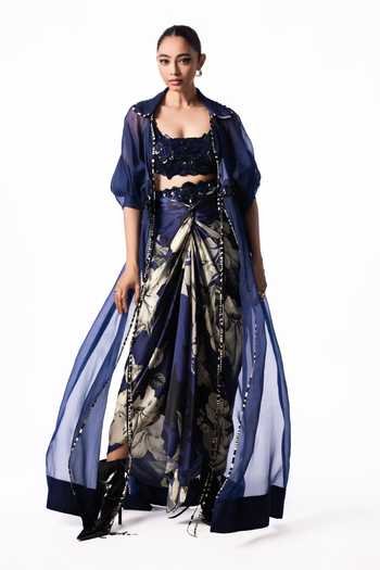 Nupur Kanoi Organza Long Jacket With Front Knot Skirt Set