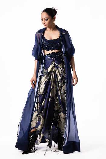 Buy Nupur Kanoi Blue Organza, Crepe, Lycra, Satin Long Jacket With Front Knot Skirt Set Online at Aza Fashions Buy_Nupur Kanoi_Blue Organza, Crepe, Lycra, Satin Long Jacket With Front Knot Skirt Set _Online_at_Aza_Fashions