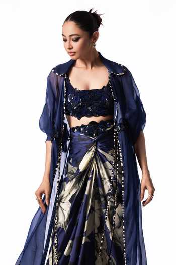 Shop Nupur Kanoi Blue Organza, Crepe, Lycra, Satin Long Jacket With Front Knot Skirt Set Online at Aza Fashions Shop_Nupur Kanoi_Blue Organza, Crepe, Lycra, Satin Long Jacket With Front Knot Skirt Set _Online_at_Aza_Fashions