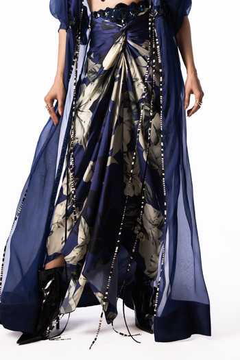 Nupur Kanoi Blue Organza, Crepe, Lycra, Satin Long Jacket With Front Knot Skirt Set at Aza Fashions Nupur Kanoi_Blue Organza, Crepe, Lycra, Satin Long Jacket With Front Knot Skirt Set _at_Aza_Fashions