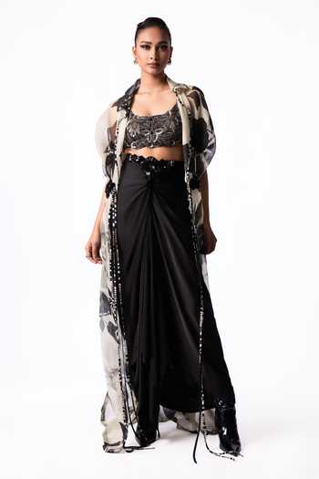 Nupur Kanoi Off White Organza, Crepe, Lycra, Satin Printed Long Jacket With Knot Skirt Set Online at Aza Fashions Nupur Kanoi_Off White Organza, Crepe, Lycra, Satin Printed Long Jacket With Knot Skirt Set _Online_at_Aza_Fashions