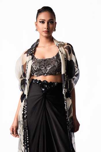 Shop Nupur Kanoi Off White Organza, Crepe, Lycra, Satin Printed Long Jacket With Knot Skirt Set Online at Aza Fashions Shop_Nupur Kanoi_Off White Organza, Crepe, Lycra, Satin Printed Long Jacket With Knot Skirt Set _Online_at_Aza_Fashions