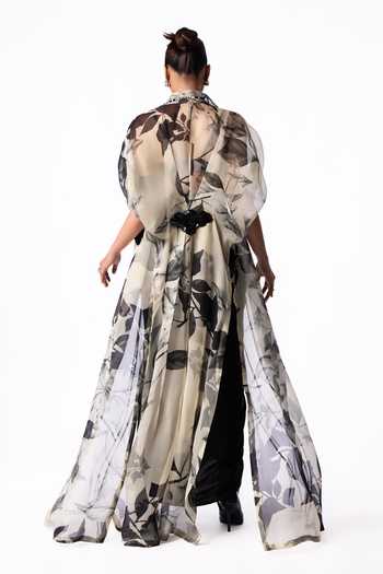 Nupur Kanoi Printed Organza Long Jacket With Knot Skirt Set 