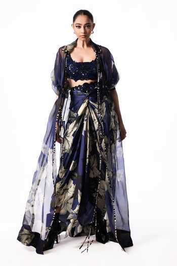 Nupur Kanoi Printed Organza Long Jacket With Draped Skirt Set