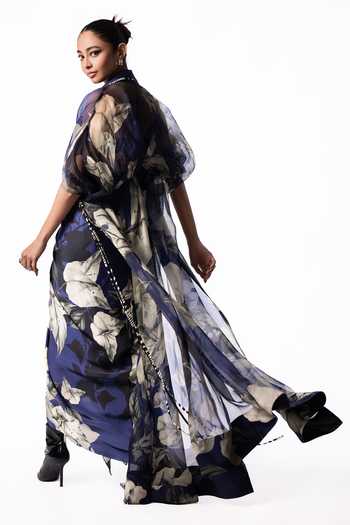 Nupur Kanoi Printed Organza Long Jacket With Draped Skirt Set