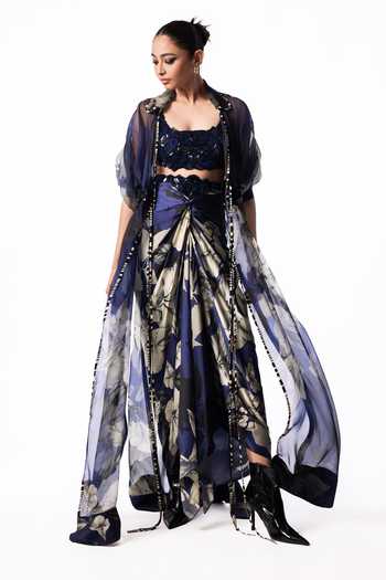 Nupur Kanoi Blue Organza, Crepe, Lycra, Satin Printed Long Jacket With Draped Skirt Set Online at Aza Fashions Nupur Kanoi_Blue Organza, Crepe, Lycra, Satin Printed Long Jacket With Draped Skirt Set _Online_at_Aza_Fashions
