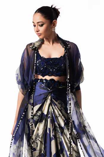 Buy Nupur Kanoi Blue Organza, Crepe, Lycra, Satin Printed Long Jacket With Draped Skirt Set Online at Aza Fashions Buy_Nupur Kanoi_Blue Organza, Crepe, Lycra, Satin Printed Long Jacket With Draped Skirt Set _Online_at_Aza_Fashions