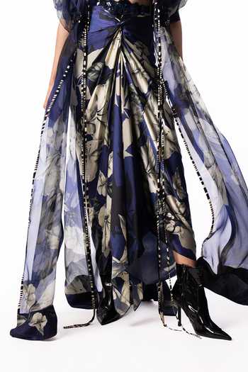 Shop Nupur Kanoi Blue Organza, Crepe, Lycra, Satin Printed Long Jacket With Draped Skirt Set Online at Aza Fashions Shop_Nupur Kanoi_Blue Organza, Crepe, Lycra, Satin Printed Long Jacket With Draped Skirt Set _Online_at_Aza_Fashions
