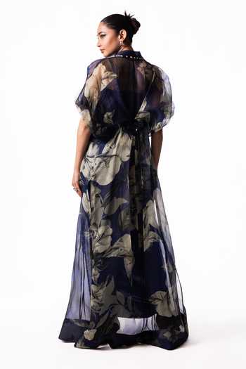 Nupur Kanoi Printed Organza Long Jacket With Draped Dress