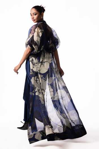 Nupur Kanoi Blue Organza, Crepe, Satin, Lycra Printed Long Jacket With Draped Dress Online at Aza Fashions Nupur Kanoi_Blue Organza, Crepe, Satin, Lycra Printed Long Jacket With Draped Dress _Online_at_Aza_Fashions