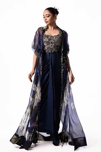 Nupur Kanoi Printed Organza Long Jacket With Draped Dress