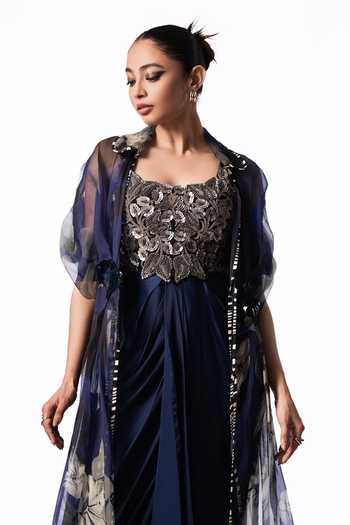 Buy Nupur Kanoi Blue Organza, Crepe, Satin, Lycra Printed Long Jacket With Draped Dress Online at Aza Fashions Buy_Nupur Kanoi_Blue Organza, Crepe, Satin, Lycra Printed Long Jacket With Draped Dress _Online_at_Aza_Fashions