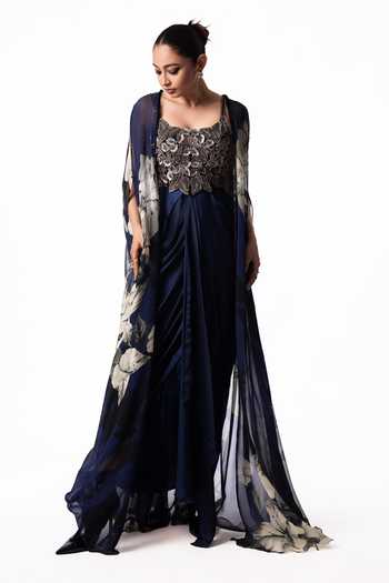 Nupur Kanoi Blue Organza, Crepe, Satin, Lycra Printed Chiffon Slit Cape With Draped Dress Online at Aza Fashions Nupur Kanoi_Blue Organza, Crepe, Satin, Lycra Printed Chiffon Slit Cape With Draped Dress _Online_at_Aza_Fashions