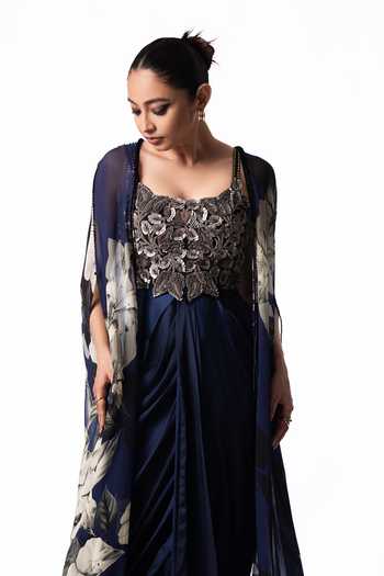 Buy Nupur Kanoi Blue Organza, Crepe, Satin, Lycra Printed Chiffon Slit Cape With Draped Dress Online at Aza Fashions Buy_Nupur Kanoi_Blue Organza, Crepe, Satin, Lycra Printed Chiffon Slit Cape With Draped Dress _Online_at_Aza_Fashions