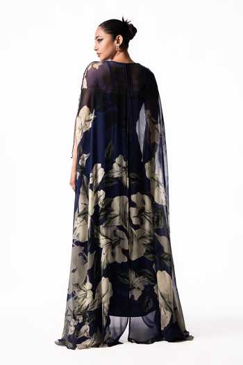 Nupur Kanoi Printed Chiffon Slit Cape With Draped Dress